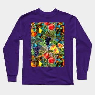 Exotic Vintage fruit pattern, vines, vintage florals, botanical pattern, blue floral illustration Long Sleeve T-Shirt